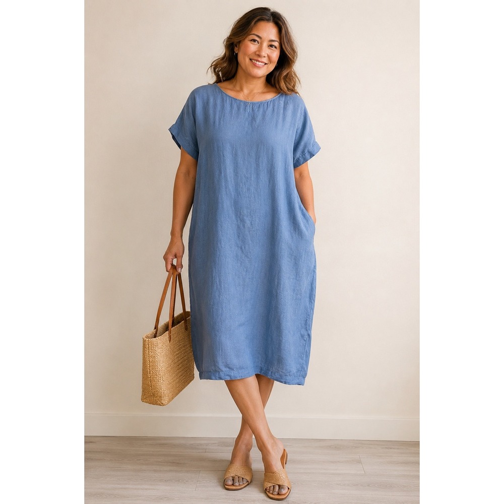 Man in the Studio Blue Linen Midi Dress Coastal Chic Minimalist 2X Lagenlook